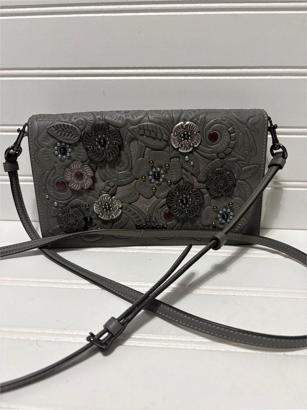 COACH Floral Applique Metal Tea Rose Gunmetal Purple Wallet Crossbody Bag Small